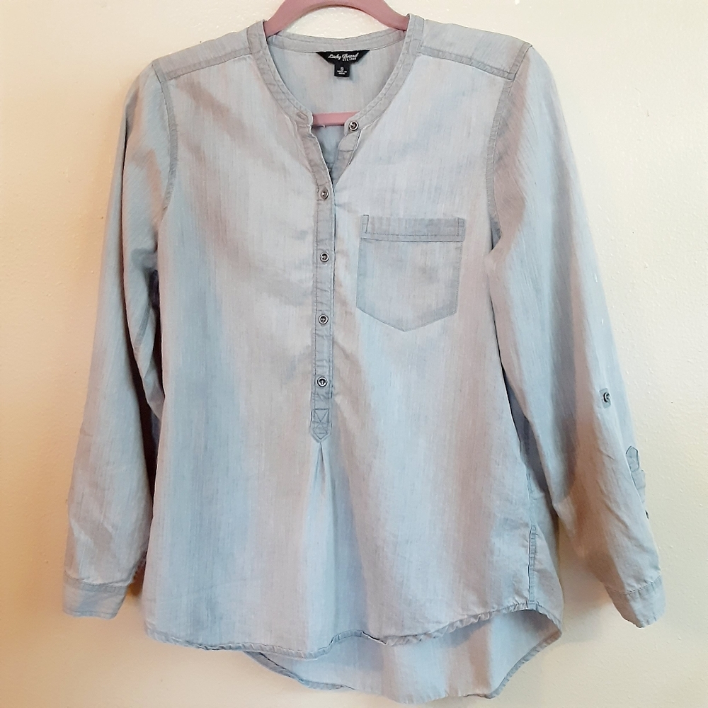 Lucky Brand Cotton Henley Roll Tab Top Gray Small